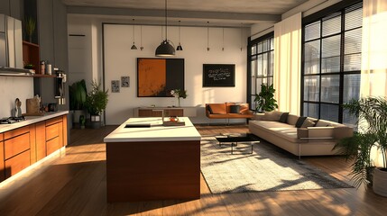 Modern living room and kitchen with natural light and stylish decor.
