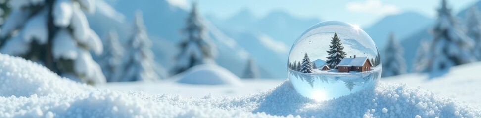 Miniature winter landscape inside a glass sphere, miniature, white snow, clear blue sky