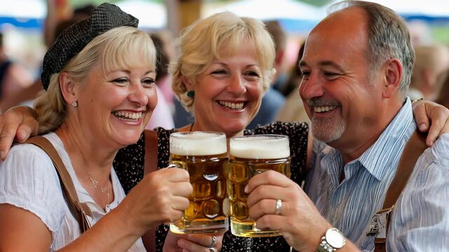 Three happy friends toasting with beer mugs at oktoberfest. Three cheerful friends enjoying oktoberfest, raising their beer steins in a toast of celebration