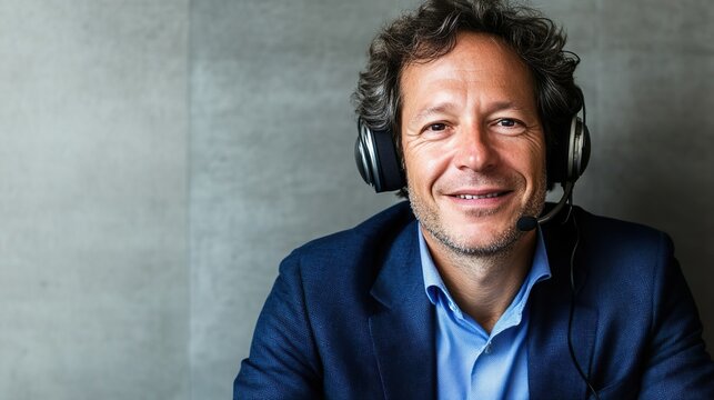 Middle-Aged Male Professional Headset Corporate Call Center Work Communication