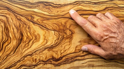 Fototapeta premium Hand Resting on Smooth Olive Wood Panel Natural Patterns Rustic Organic Finish