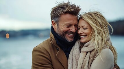 Obraz premium Romantic Couple Smiling Winter Clothing Scenic Seaside Background Middle-Aged Love