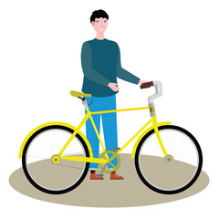 Obraz premium Man with a yellow bicycle standing on a beige floor isolated on a white background