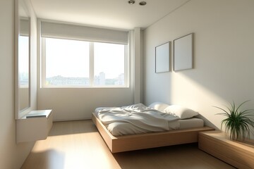 Minimalist bedroom with sunlight streaming through window, wooden bed, and simple decor.