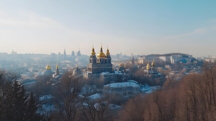 Fototapeta premium Golden Domed Cathedral Winter Cityscape View