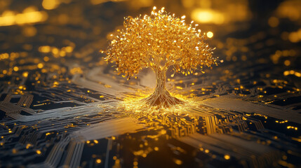 Elegant Golden Tree with Lush Foliage and Glowing Effect