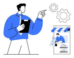 Businessman holding notepad points at virtual gears next to a mobile shopping interface. Ideal for e-commerce, business management, online shopping, mobile commerce, digital operations, workflow