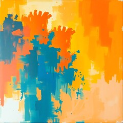 Abstract painting with teal, orange, and yellow brushstrokes.