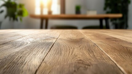 Oak table with natural finish, soft warm light bokeh, understated elegance and timeless style