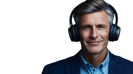 Professional Man in Headset Blue Suit Smiling Transparent Background