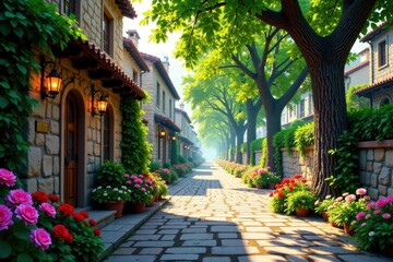 Fototapeta premium Stone alley lined with towering trees and colorful flowers along the sides, alley, flowers