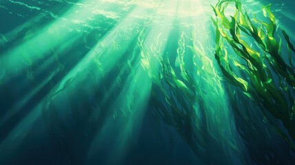 Obraz premium Underwater exploration of kelp forests ocean depths wide-angle view natural beauty sunlight effects