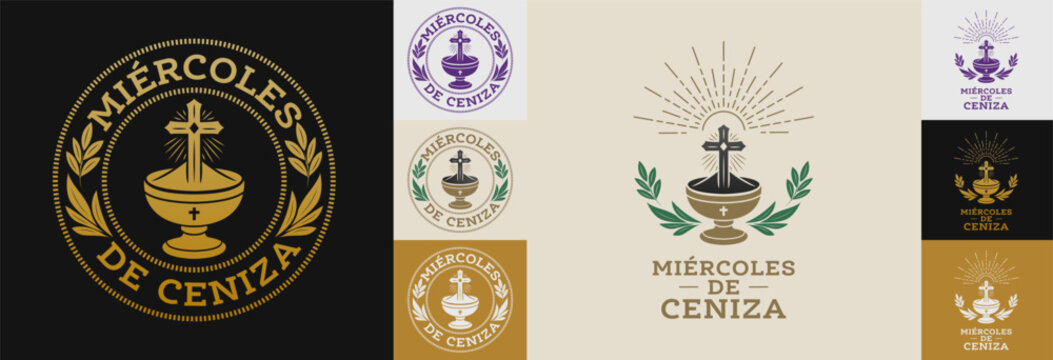 Miercoles de Ceniza, Ash Wednesday Spanish text, catholic Christian holy week celebration, emblem set design