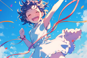 Obraz premium Joyful child celebrating with colorful ribbons and confetti under a bright blue sky, vibrant atmosphere