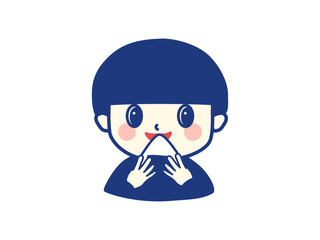 新米のおにぎりを食べる男の子