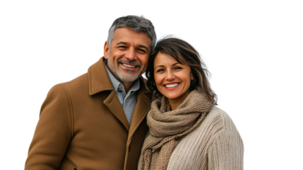 Smiling Mature Couple Posing Winter Outfits Scenic Nature Background
