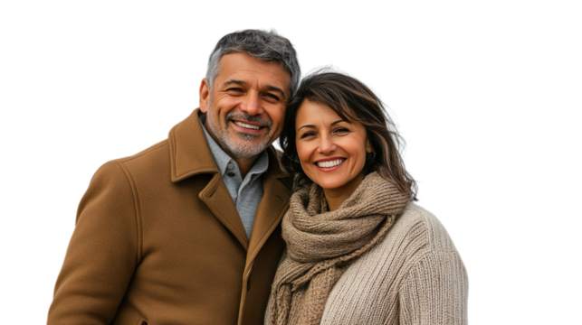 Smiling Mature Couple Posing Winter Outfits Scenic Nature Background