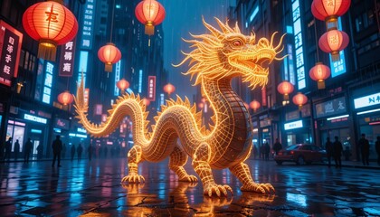 Obraz premium Golden dragon statue illuminated with glowing lights. futuristic red lanterns and vibrant atmosphere, blending traditional Chinese elements with modern city life