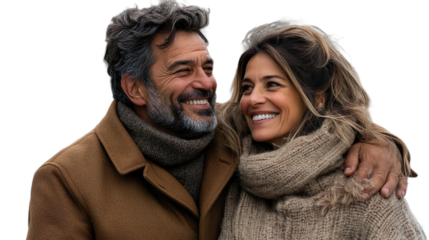 Smiling Couple Candid Outdoor Portrait Cozy Winter Clothing Background