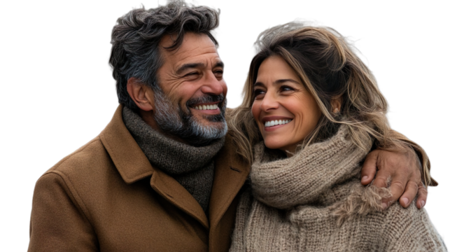 Smiling Couple Candid Outdoor Portrait Cozy Winter Clothing Background