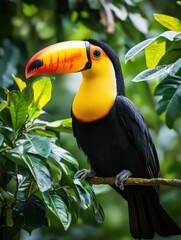 Toucan in rainforest black yellow green realistic style