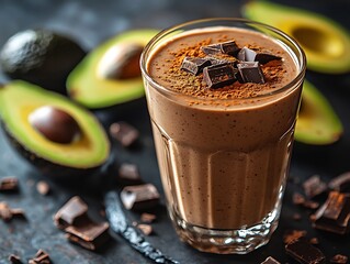 Rich avocado chocolate smoothie in a glass topped with cocoa powder and avocado slices placed on a dark stone surface for a bold look
