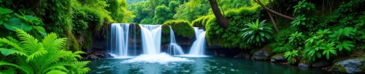 Obraz premium Waterfall cascades through lush ferns and greenery, Hawaii, forests