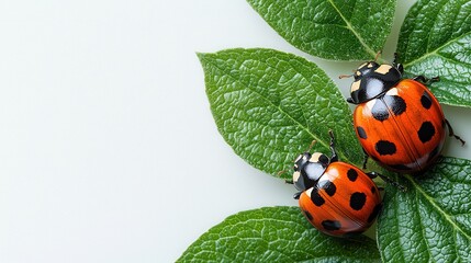 Obraz premium Two Ladybugs Resting on Lush Green Leaves Against a Soft White Background, Close-Up View