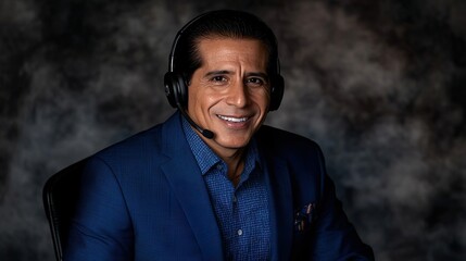 Fototapeta premium Smiling Call Center Employee Wearing Blue Suit Headset Gray Background Communication Expert
