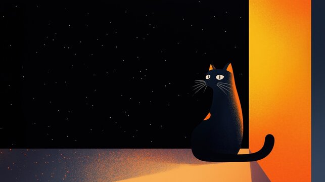 Minimalist illustration of a black cat gazing at the starry night sky with warm orange lighting