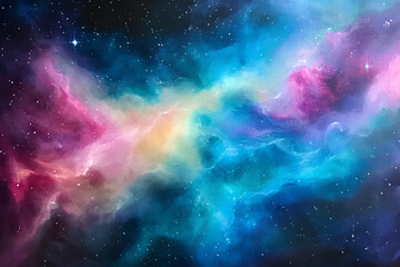 Fototapeta premium Ethereal Cosmic Painting of Luminous Stars and Swirling Nebulas in Teal, Magenta, and Violet