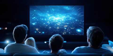 Family Watching Futuristic Sci Fi Movie on Large Screen TV at Night