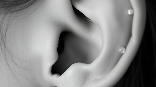 Close-up monochrome view of an ear with two piercings.