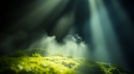 Mystical forest scene with fog and light.