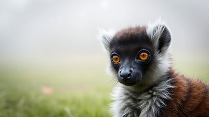 Fototapeta premium Close-up of a young red-fronted lemur in foggy field.