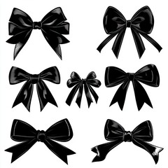 Eight black glossy ribbon bows in various styles and sizes, isolated on white background.