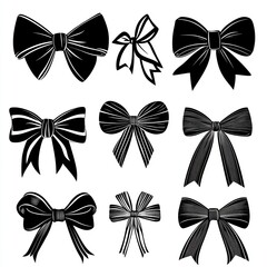 Collection of nine black and white bow illustrations, various styles and sizes.