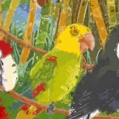 Various oil paintings, flowers, forests, tropical leaves, birds, giraffes, elephants, fish,...