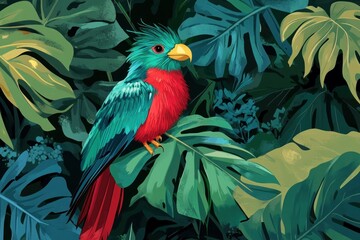 Quetzal bird perched in vibrant green foliage in realistic style