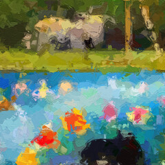 Various oil paintings, flowers, forests, tropical leaves, birds, giraffes, elephants, fish,...