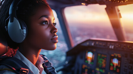 Confident Female Pilot Airplane Cockpit Sunset View Professional Aviation sky hour hope woman panel focus dream flight  