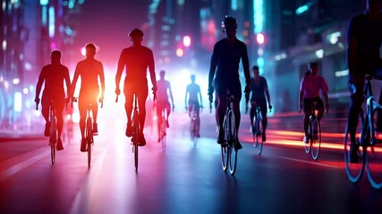 People at night riding bicycles in a futuristic neon urban environment. - Powered by Adobe