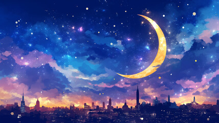 美しい夕空と高層ビルが織りなす都市の風景。優しい水彩画タッチの美しいアート。