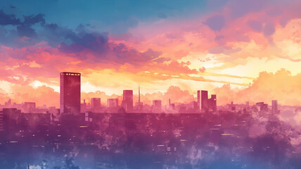 Fototapeta premium 夕焼けに染まる都市の景色｜美しい夕暮れの風景イラスト。優しい水彩画タッチの美しいアート。