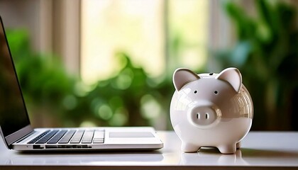 白い貯金箱とパソコン 貯金・貯蓄のイメージ Generative AI