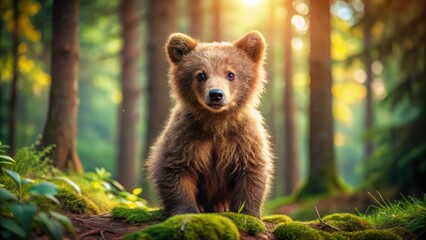 Obraz premium Adorable Brown Bear Cub - Full Growth, Cute Wildlife Photography, Nature Image
