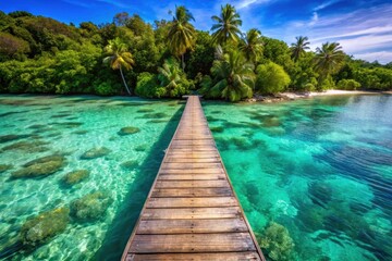 Obraz premium Aerial View Tropical Sea Wooden Plank Paradise Beach Ocean Scenery Drone Photography