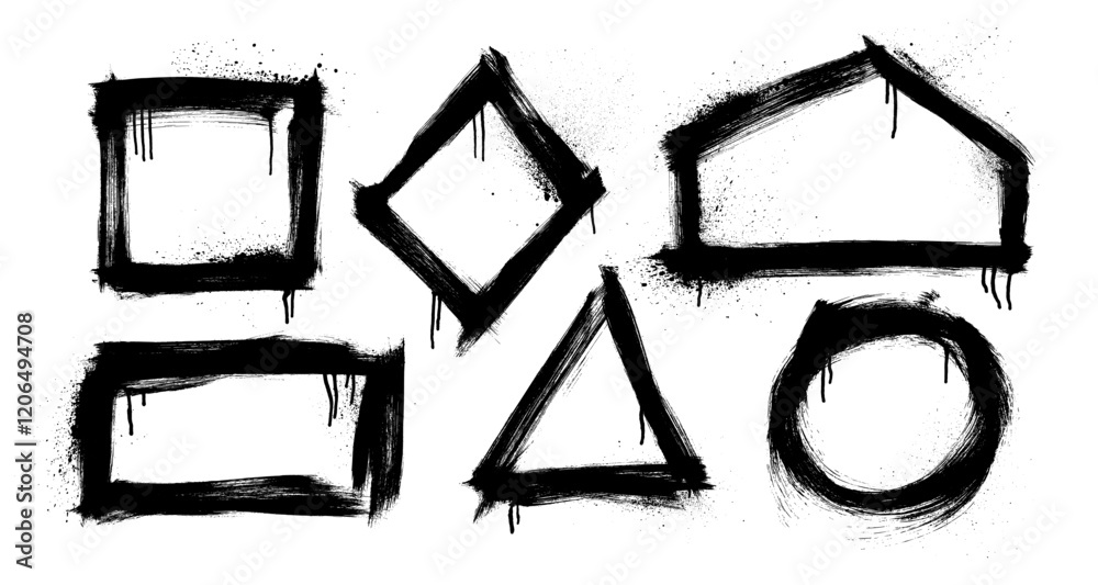 Poster Basic geometric shapes in graffiti style with spray texture and drips. Brush drawn vector abstract figures for highlight and text.