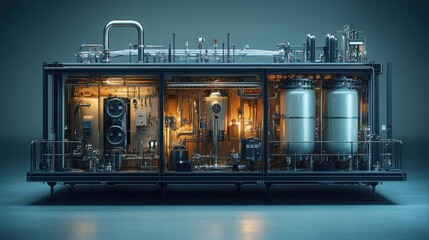 Industrial processing facility showcasing advanced machinery with illuminated components and pipes