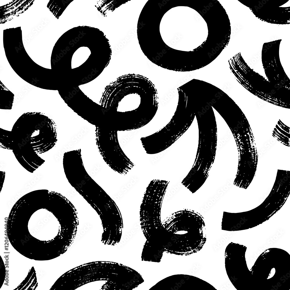 Poster seamless pattern with bold geometric shapes in grunge style. thick curves, squiggles, spirals and ci